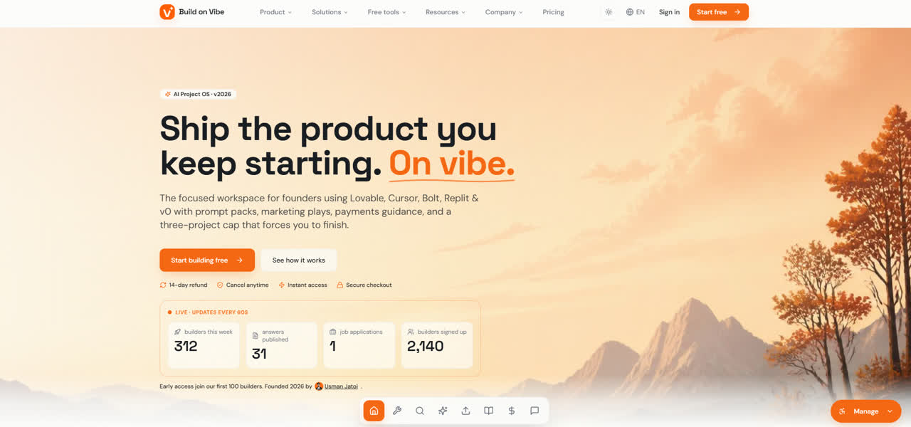 Build on Vibe website homepage
